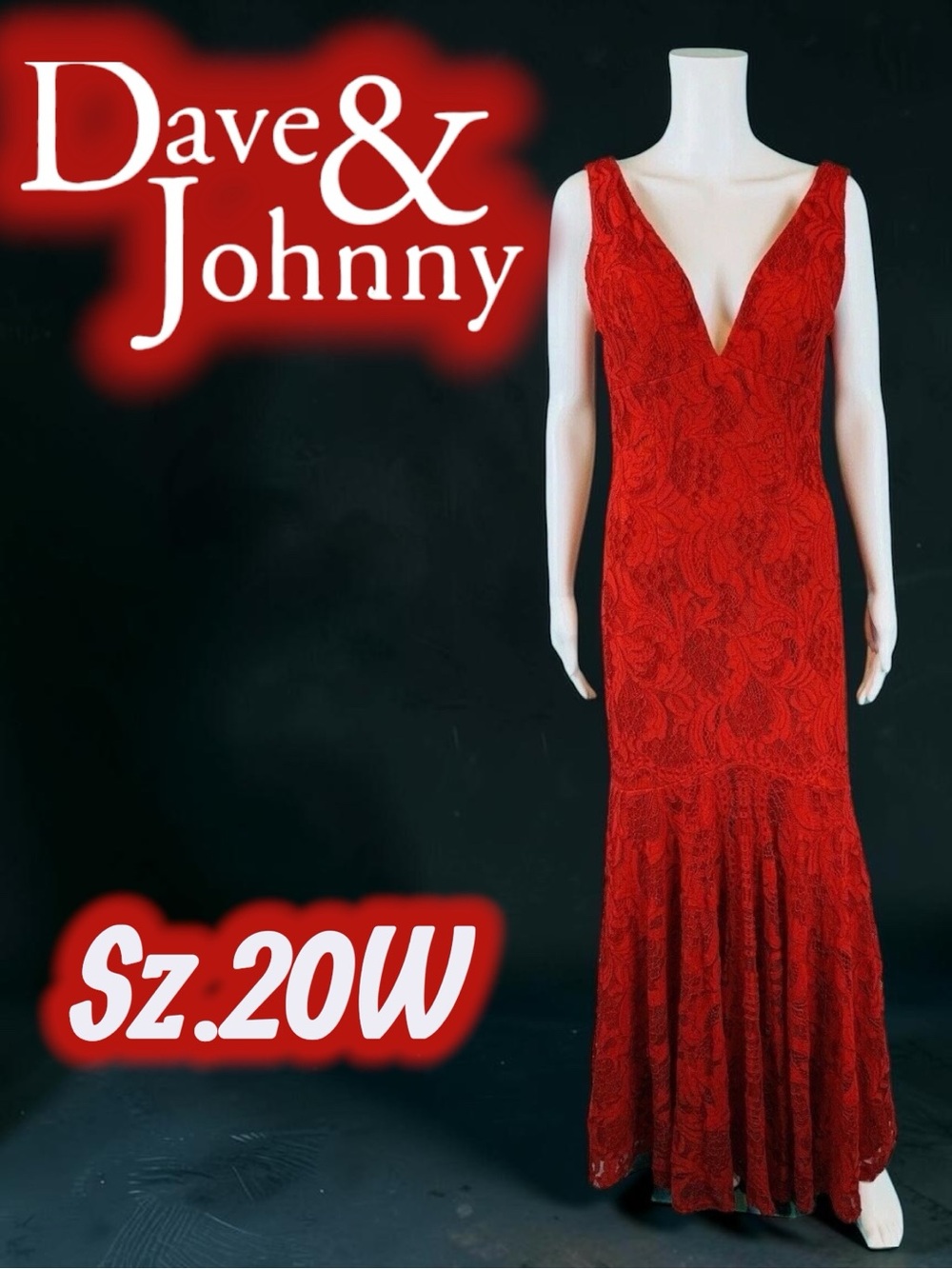 EUC  Dave & Johnny Red Lace Deep V Mermaid Formal Gown Sz 20W